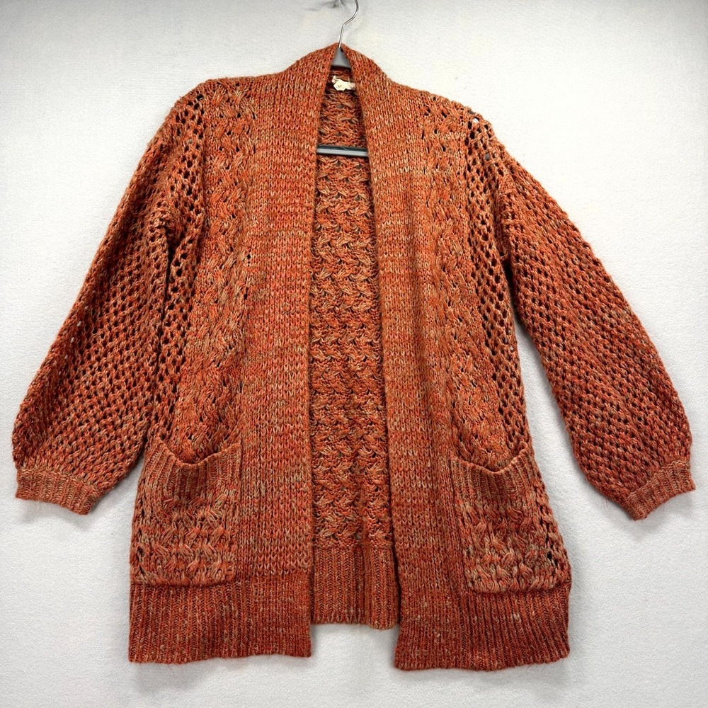 Hem & Thread Cardigan Sweater Womens Small Orange Acrylic Cable Knit Open Front
